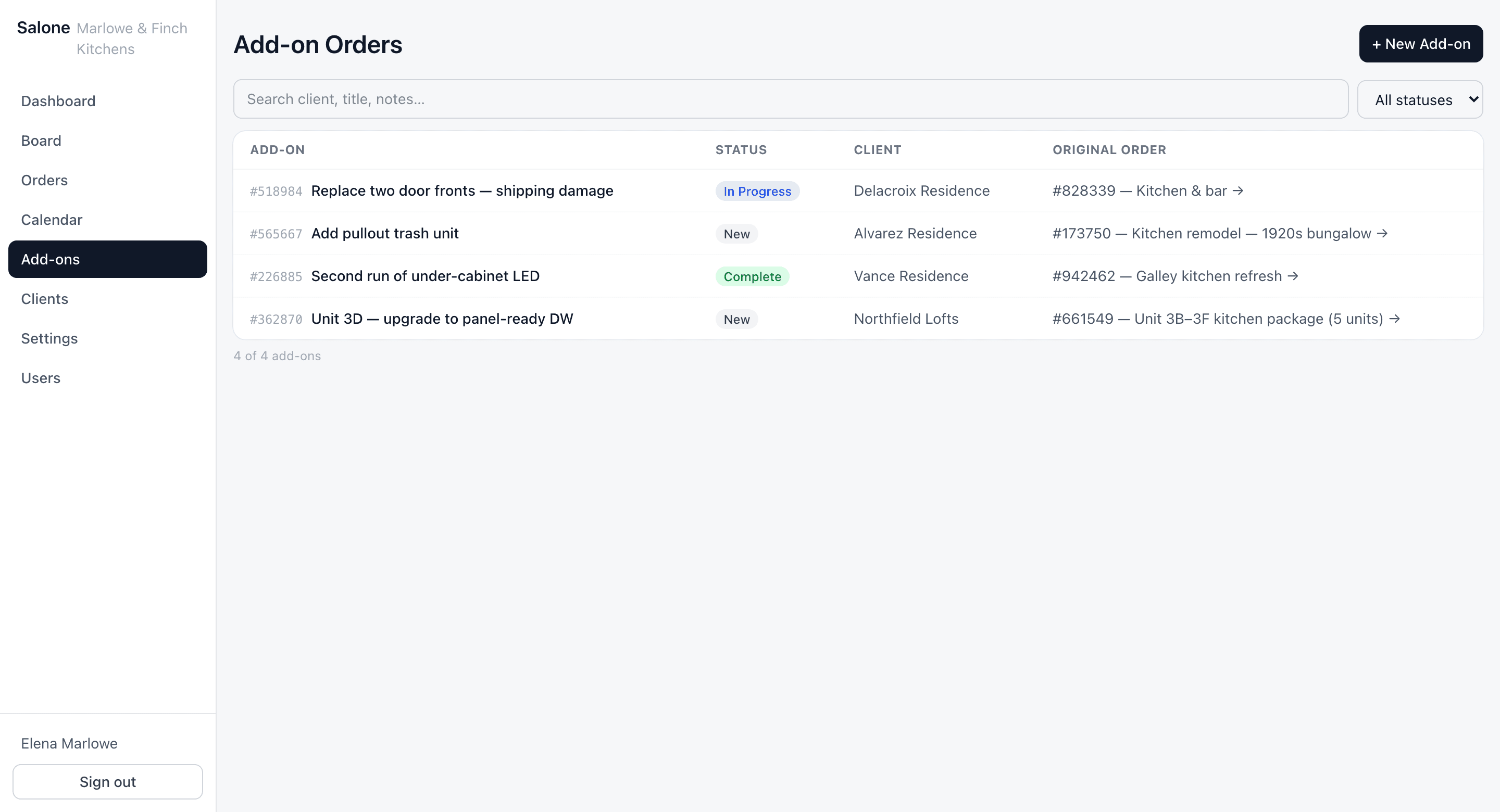 The Salone add-on orders list, each linked back to its original order.