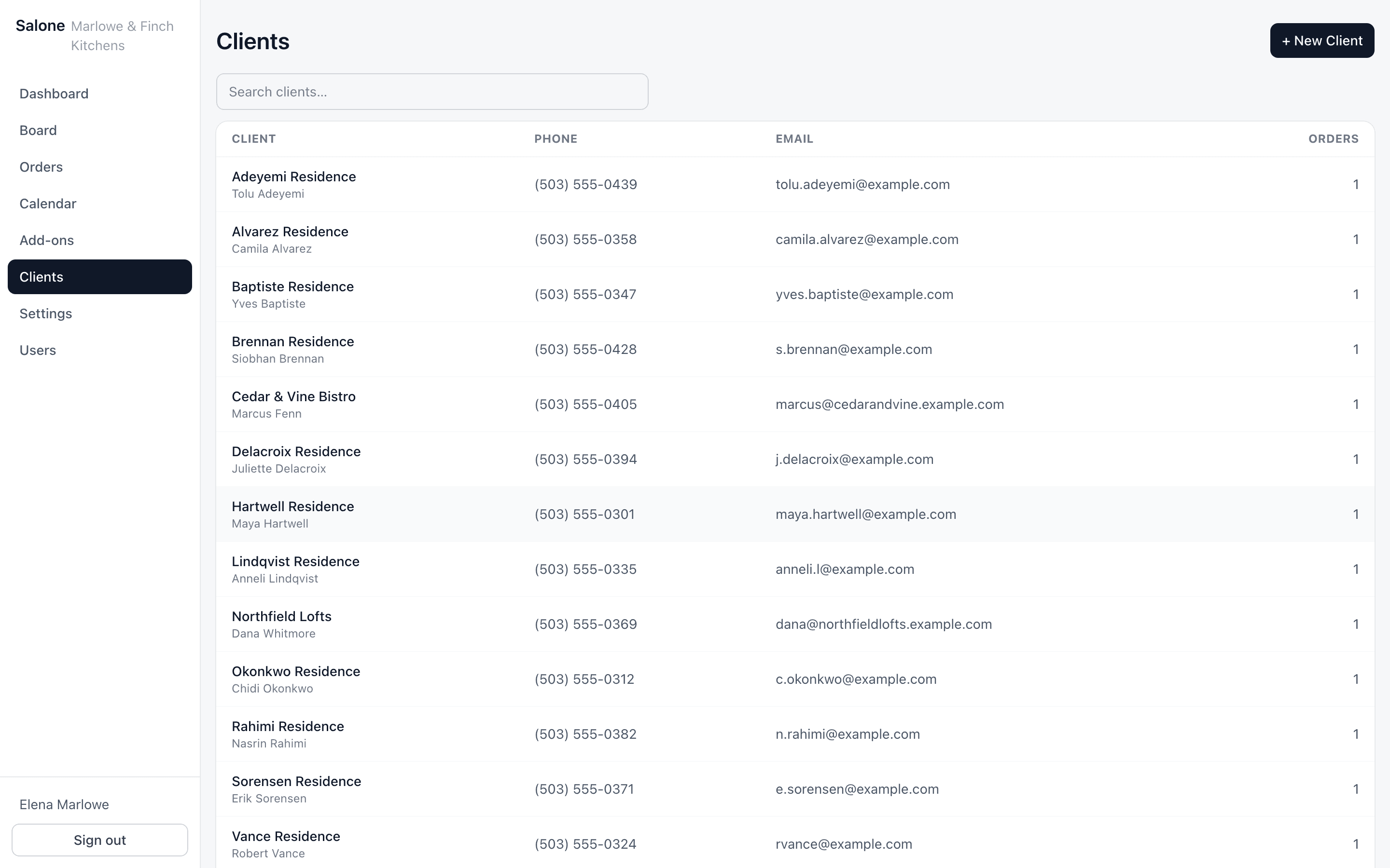 The Salone client list showing kitchen showroom clients with contact details and order counts.