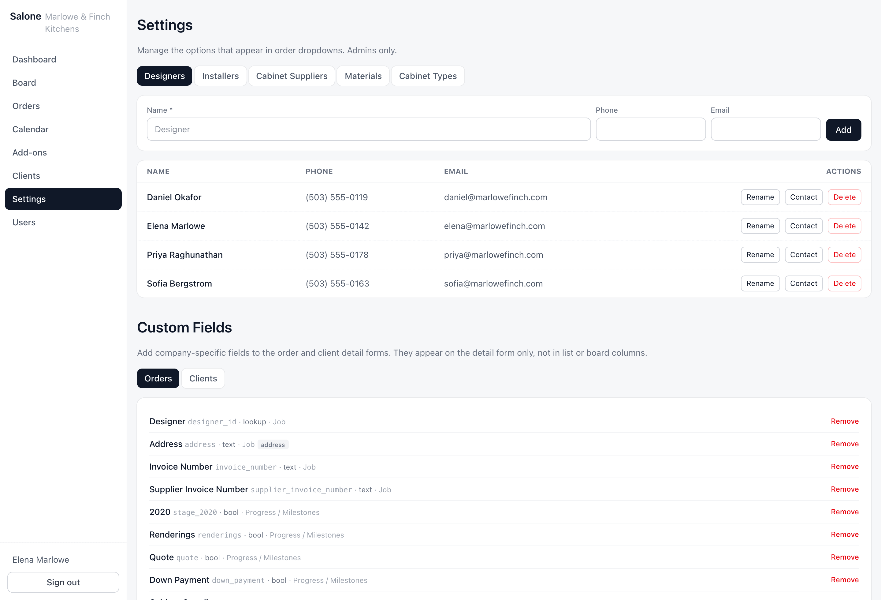 The Salone settings screen, showing the custom field manager where a showroom adds order fields, chooses their type, and assigns them to a section.
